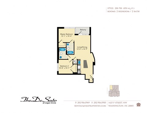 Floor plan for 2 beds, 2 baths, 858 sqft